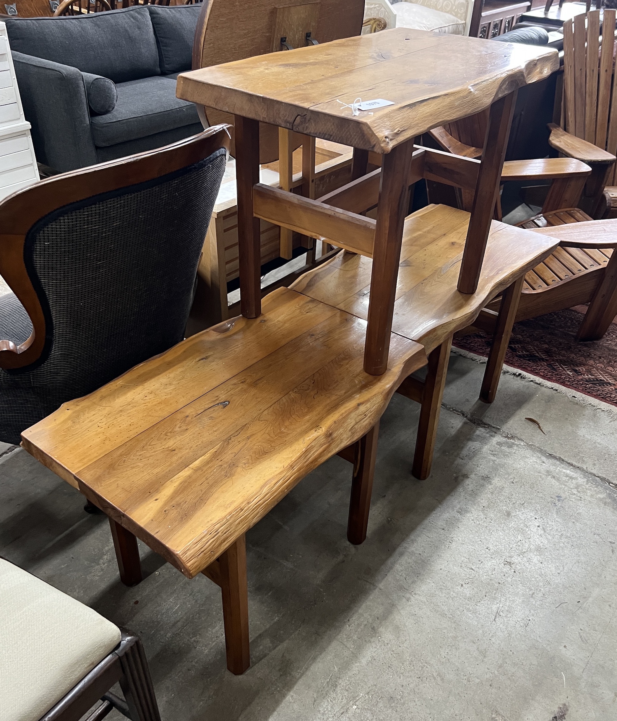 Three provincial style rectangular yew occasional tables, width 76cm, depth 44cm, height 55cm